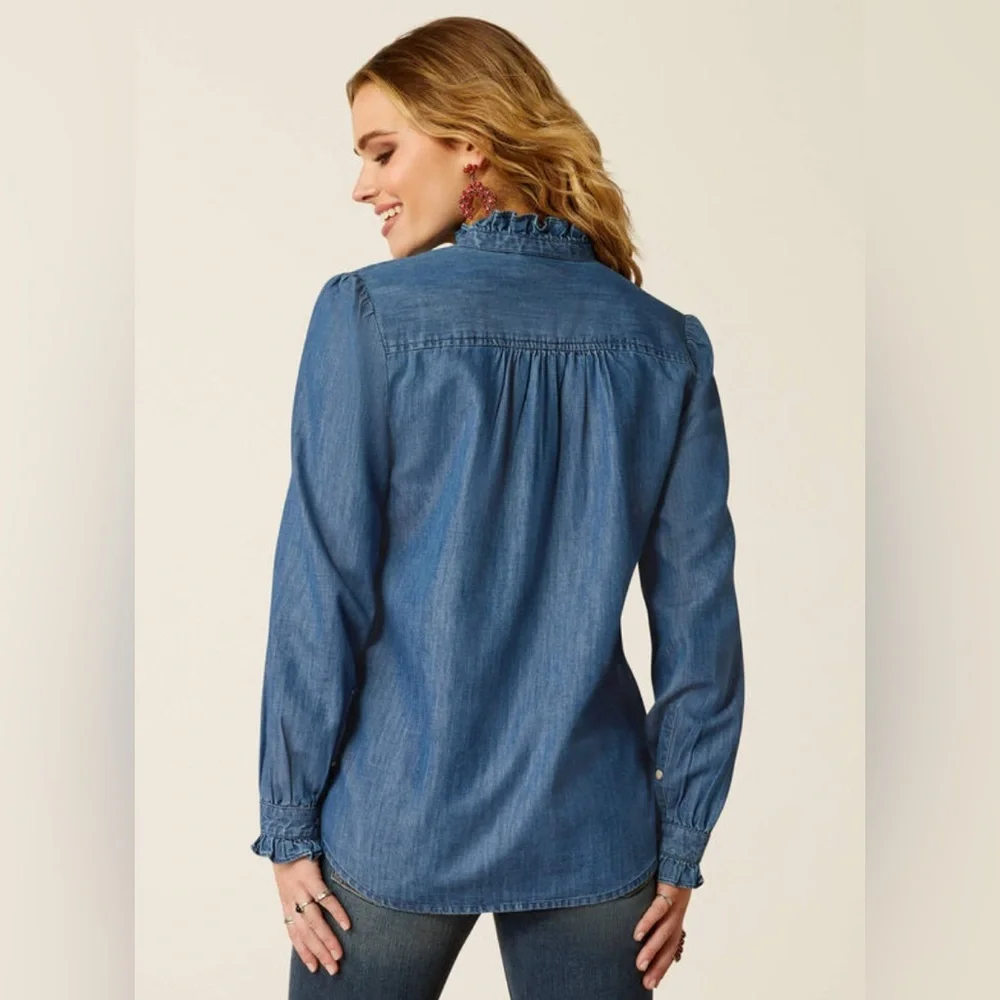 ❌SOLD OUT❌ NWT [Ariat] Ingalls Top Button-Up Ruffled Blouse Denim Women’s M XL - Picture 3 of 13